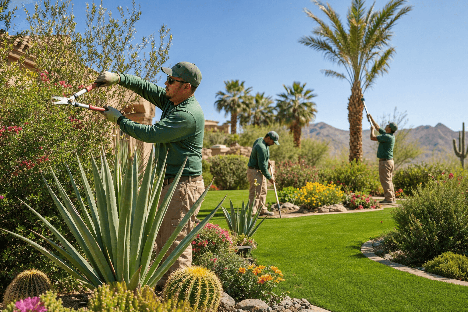 Landscaping crew trimming desert plants in a Tucson yard